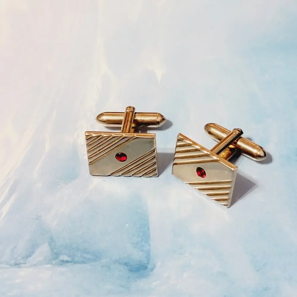 Vintage‎ Swank Gold-tone & Red Rhinestone Rectangular Cufflinks- Mid-century cl-